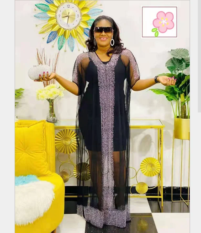 

2021 newly 2 piece African gown dress set with hot - drilled mesh halter sundress, As showed