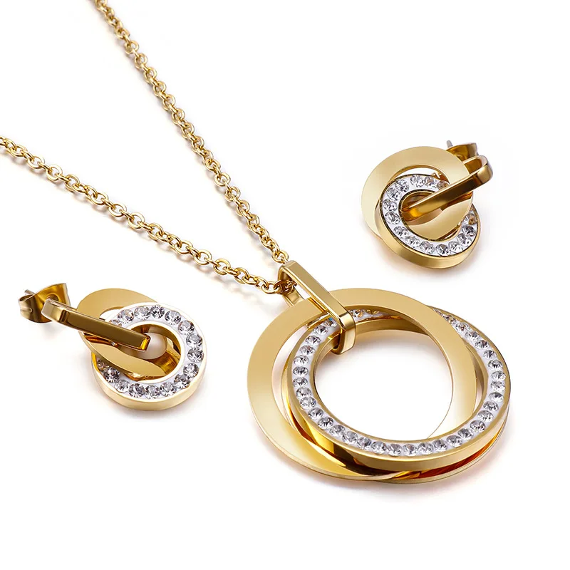 

European and American new stainless steel jewelry double ring pendant buckle Diamond Earring Necklace Set