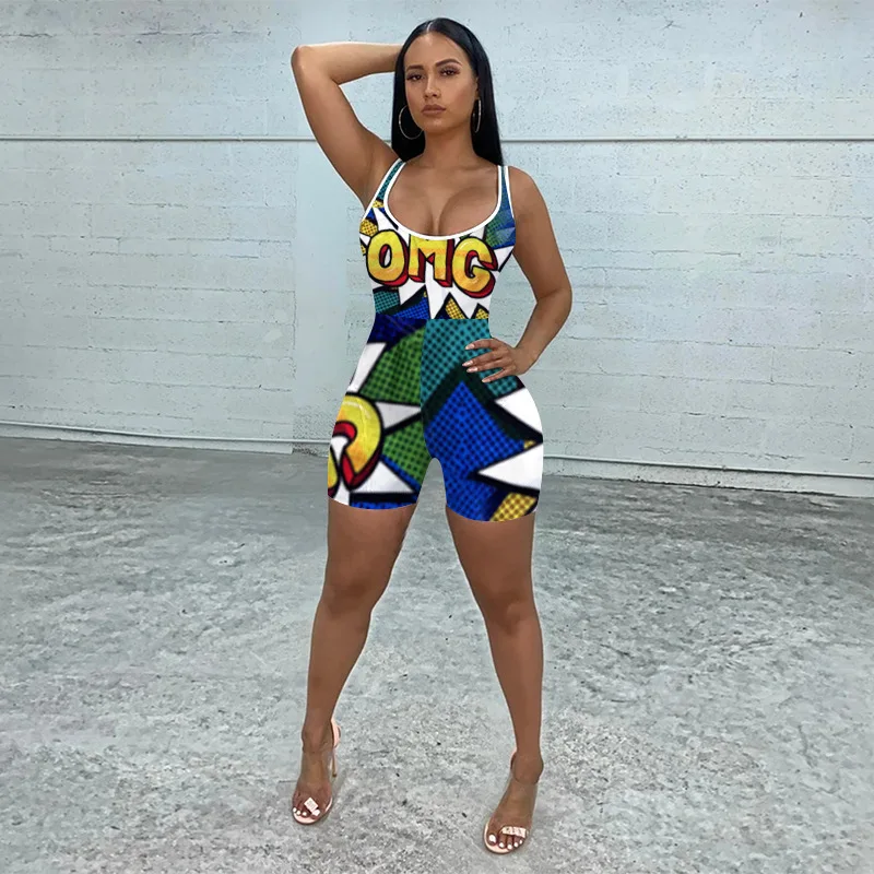 

Free Shipping R04104 - women casual printed sleeveless rompers