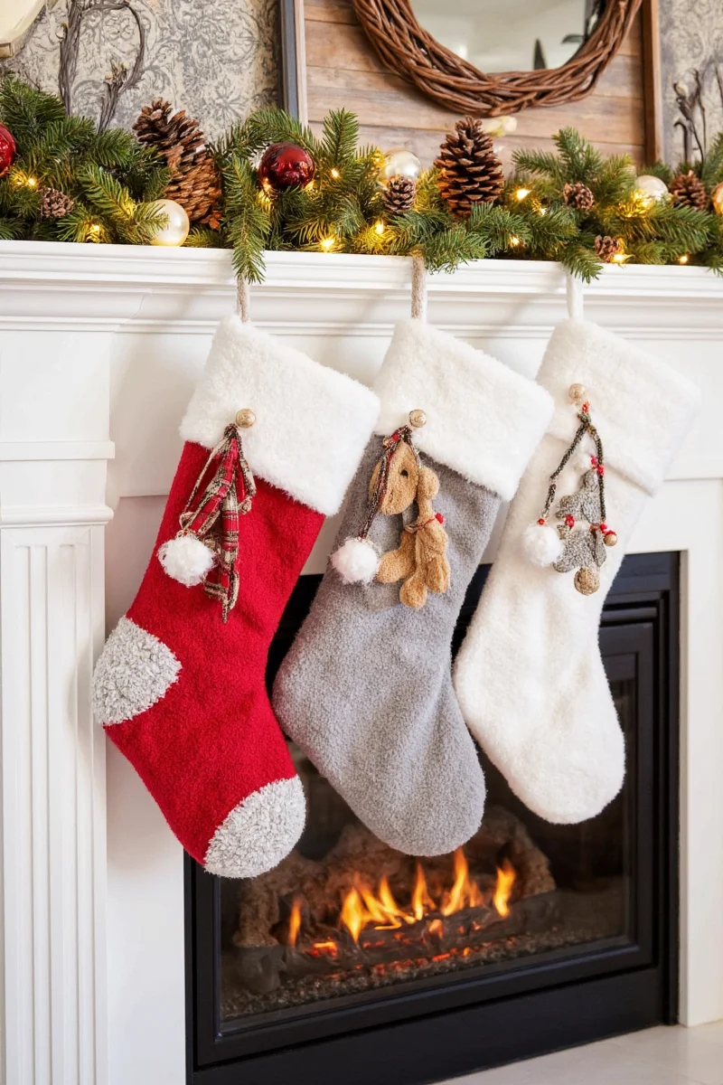 Christmas stockings hanging on rope with S-hooks