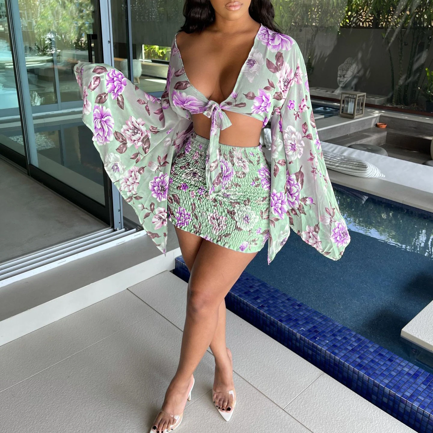 

FS3080D women Sexy floral Print Two Piece Set flare sleeve Tops Mini and skirts Summer Matching Sets