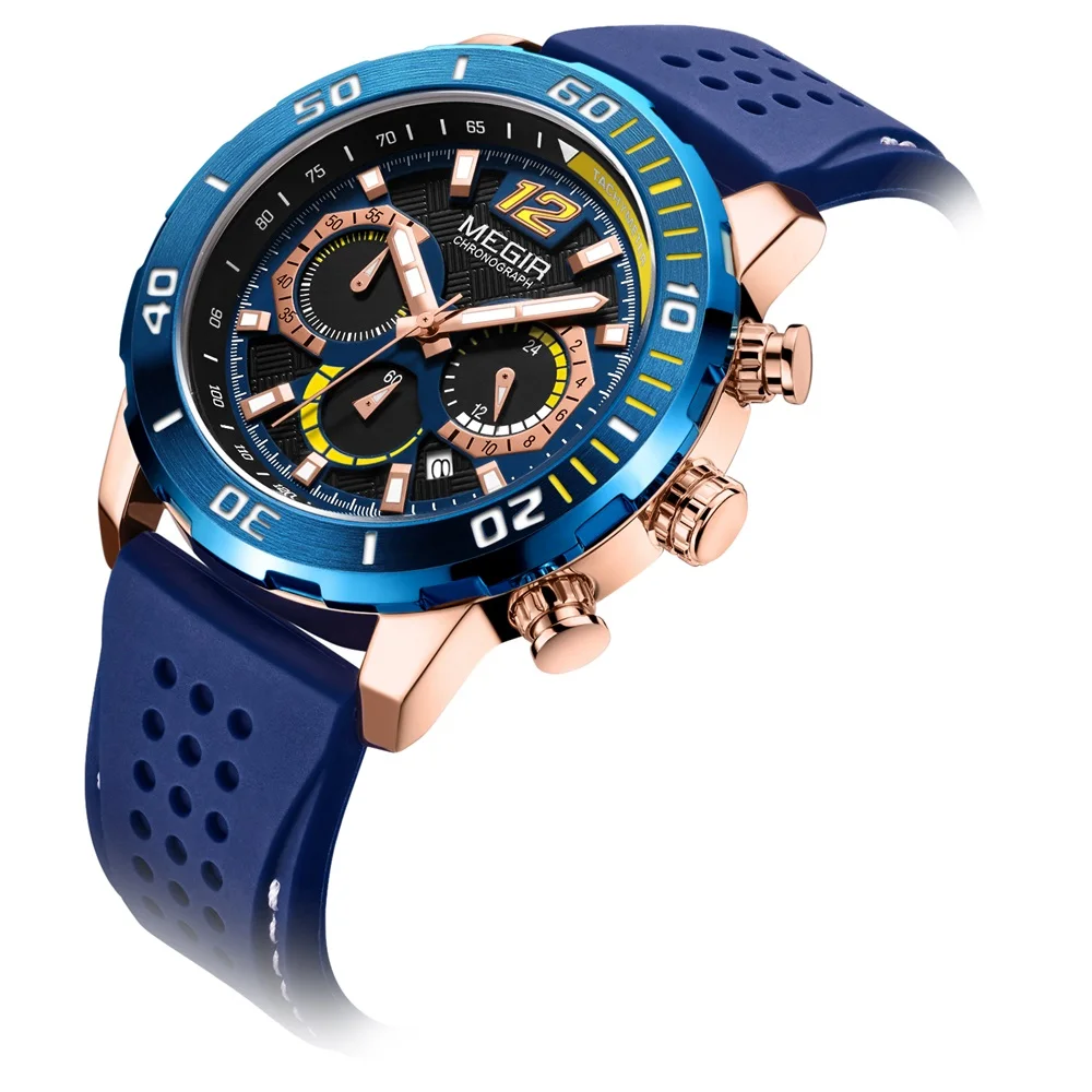 

Megir Brand 2019 Blue Silicone Strap Quartz Chronograph Watch Men's Sports Luxury Men Clock Military Waterproof Hours