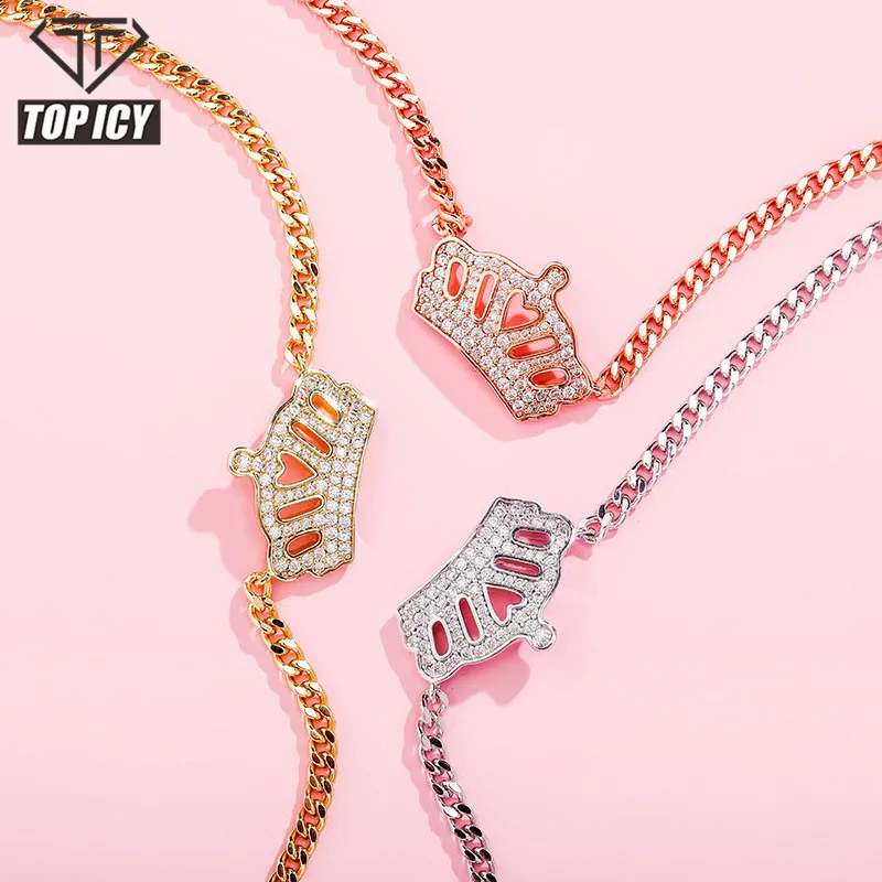 18k Gold Plated Adjustable Rose Gold Color Iced Out Chain Cz Stone Charm Crown Shape Pendant Necklace Women Jewelry Choker