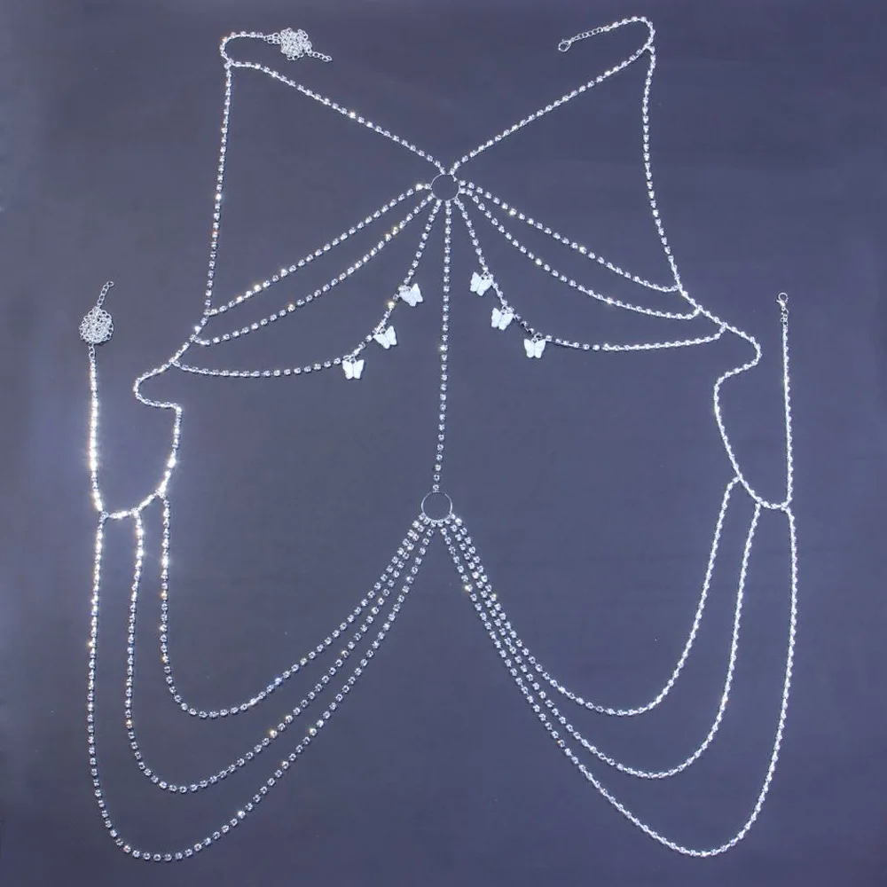 

Top Bikini Sexy Multi-Layer Rhinestone Crystal Butterfly Pendants Harness Bra Chest Chain Body Jewelry for Women, Silver