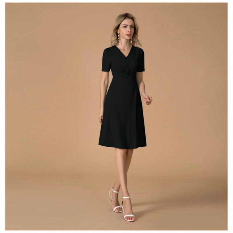 

Women's dress summer high waist dress deep V solid color dress