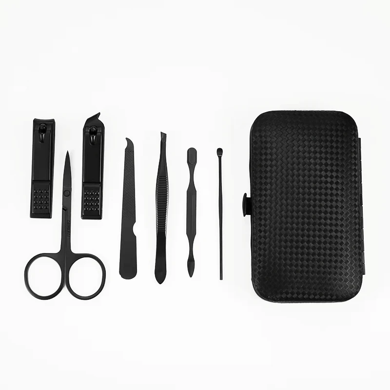 

Custom Logo 7 Pcs/Set Stainless Steel Nail Clippers Brow Tweezer Scissors Manicure & Pedicure Tool Set, Black