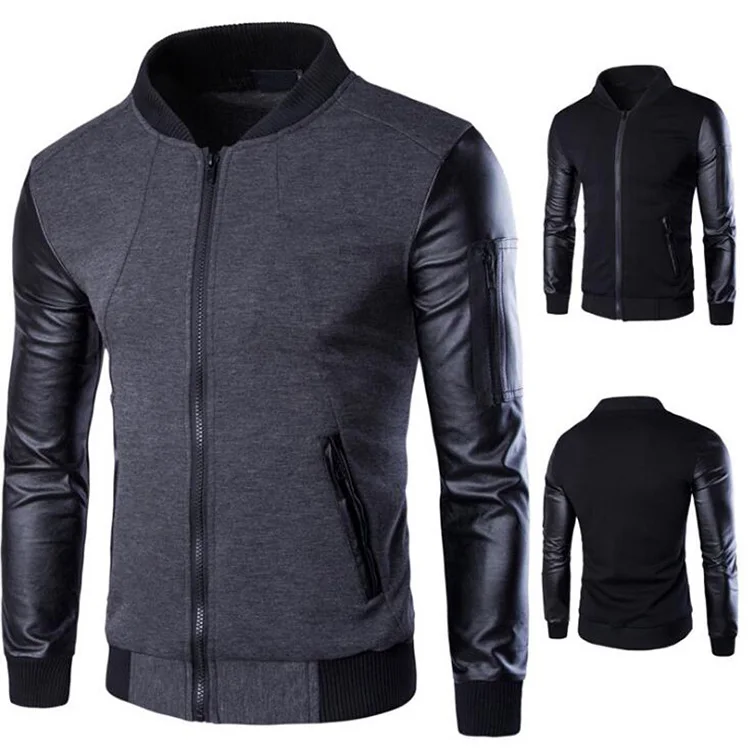 Wholesale Men Jackets Autumn New Patchwork Leather Sleeve Men Jacket Coat Cardigan Slim Stand Male Zipper Coat