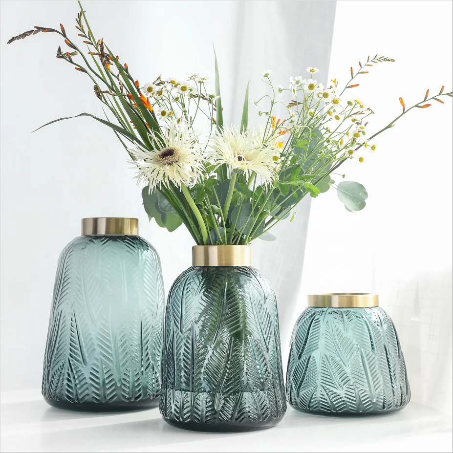 

Wholesale leaf pattern brass ring glass flower vase home decoration glass vase wedding centerpieces, Grey, green, gold