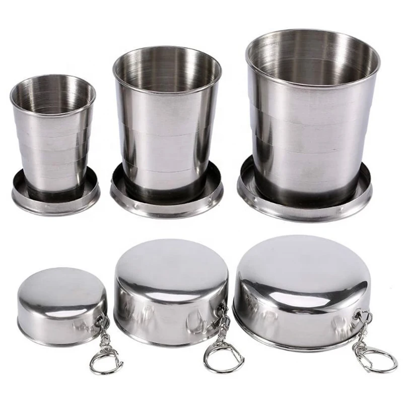 

New Hot Portable 304 food grade 3oz 75ml 5oz 150ml 8oz 250ml stainless steel foldable cup for Camping Hiking Picnic, Silver