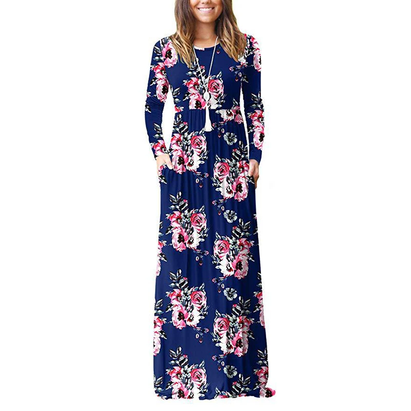 

Summer print plus size ladies long sleeved loose one piece long dress with pockets, 4 color
