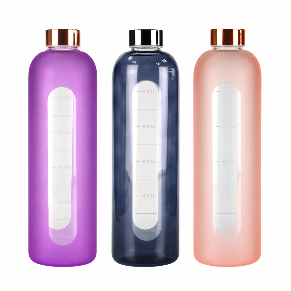 

Wholesale crystal water bottle borosilicate glass single wall 1l glass water bottle frosted glass Water bottle with time marker