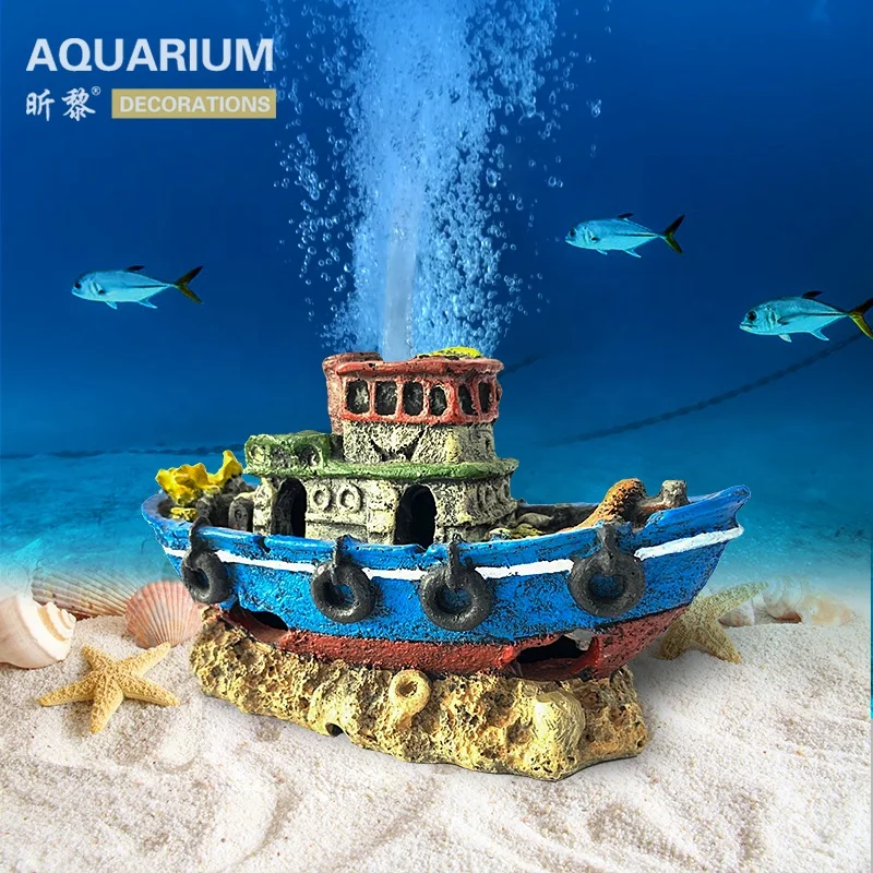 

Rapid delivery fish tank accessories resin boat ornaments with bubbler for aquarium decoration, Blue