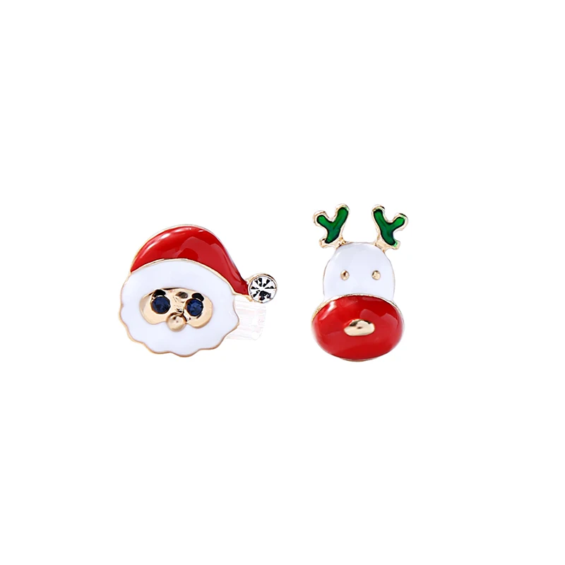 

e9112319 New Simple Cute White Red Enamel Snowman Santa Claus Father Christmas Gift Asymmetric Stud Earrings Sets Winter, Gold