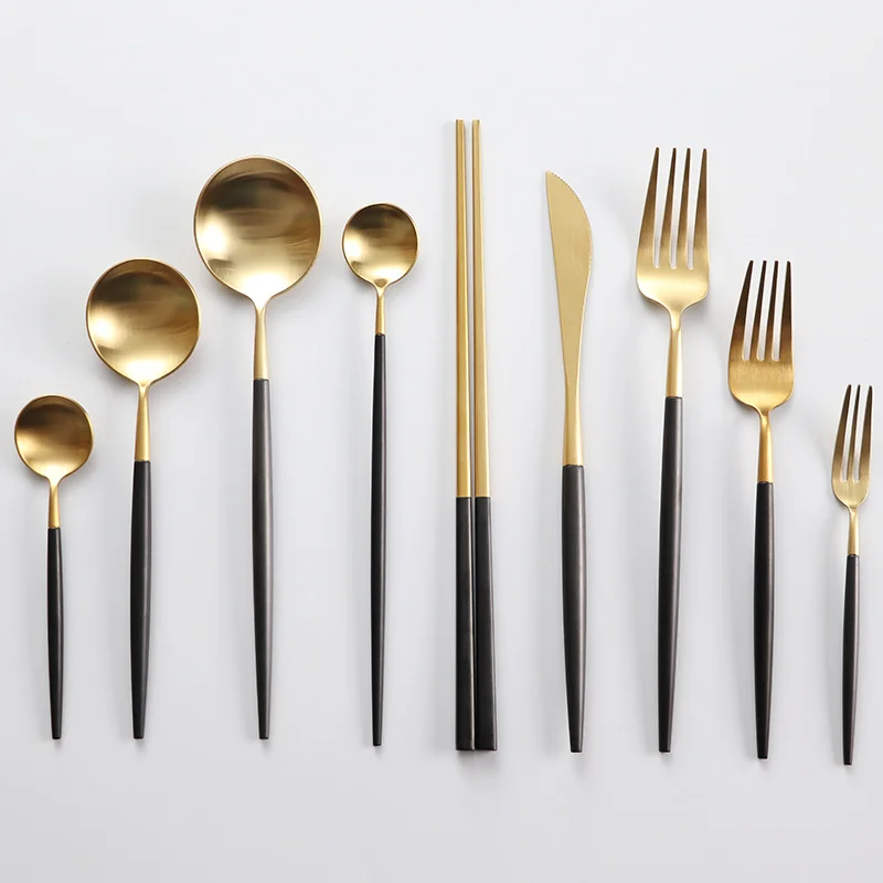 

High Quality Custom Logo 18/8 Tableware Party Restaurant Stainless Steel Cutlery Flatware Set, Black gold cutlery set