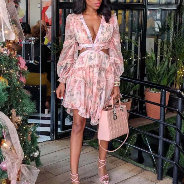 

Sexy Waist Print Pink Ruffled Long Sleeve Slim Chiffon Club Women