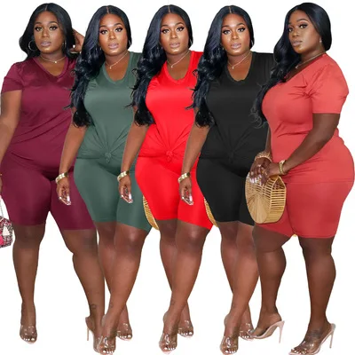 

2021 New Fashion  Solid Plus Size Women Clothing O-Neck Shirt And short pants two piece Set