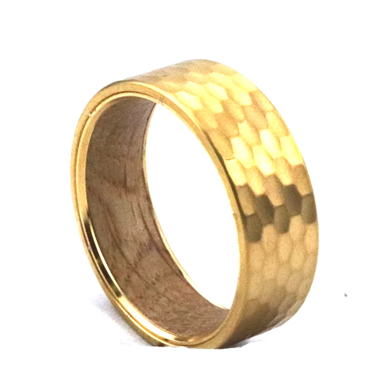 

Poya 8mm Womens Hammered Gold Filled Tungsten Ring With Whiskey Barrel Wood Liner