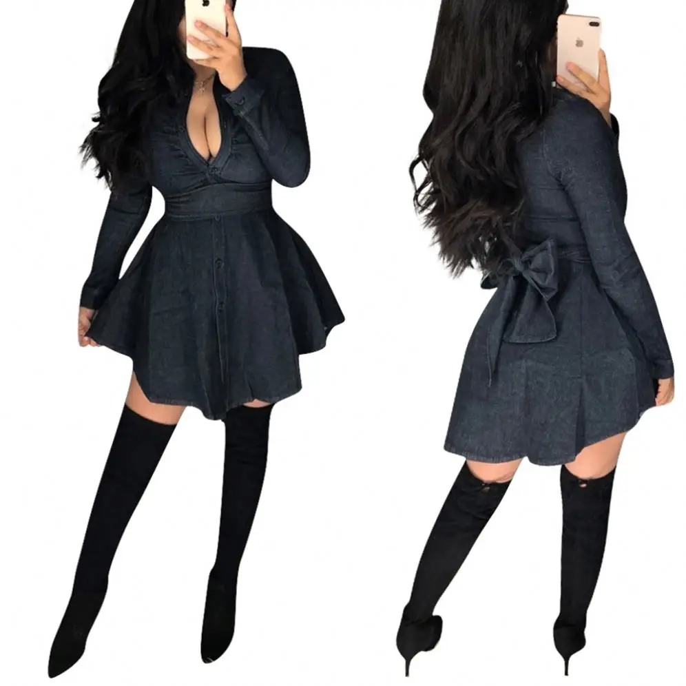 

2020 Fashion New Arrivals Black V Neck Long Sleeve Mini Dress Sexy Club Women