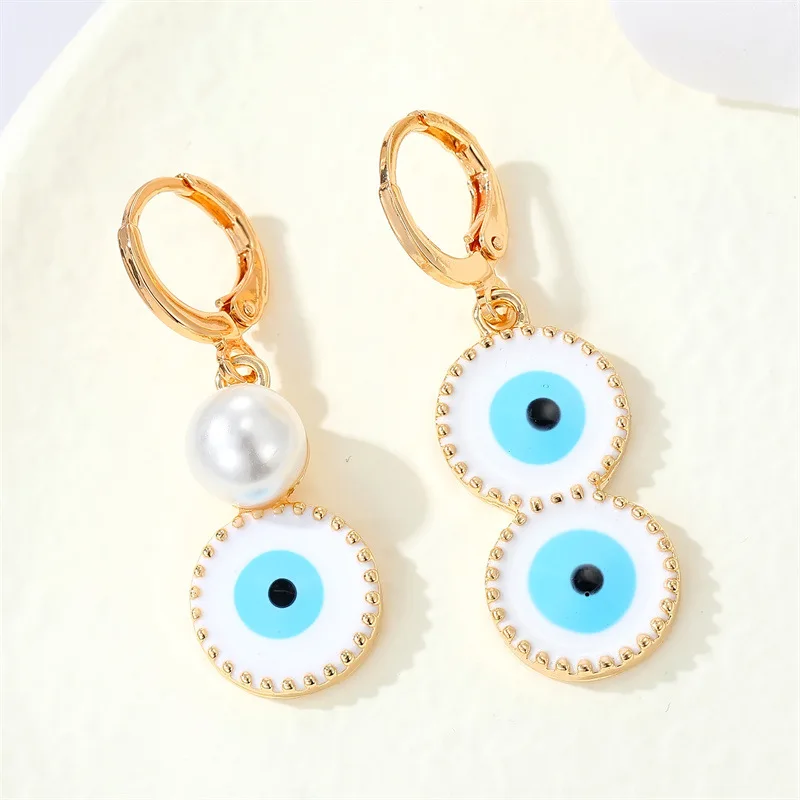 

European Hot Design 18K Gold Plated Pearl Evil Eyes Hoop Earrings Oil Drip Blue Turkish Eye Earrings For Women Girl