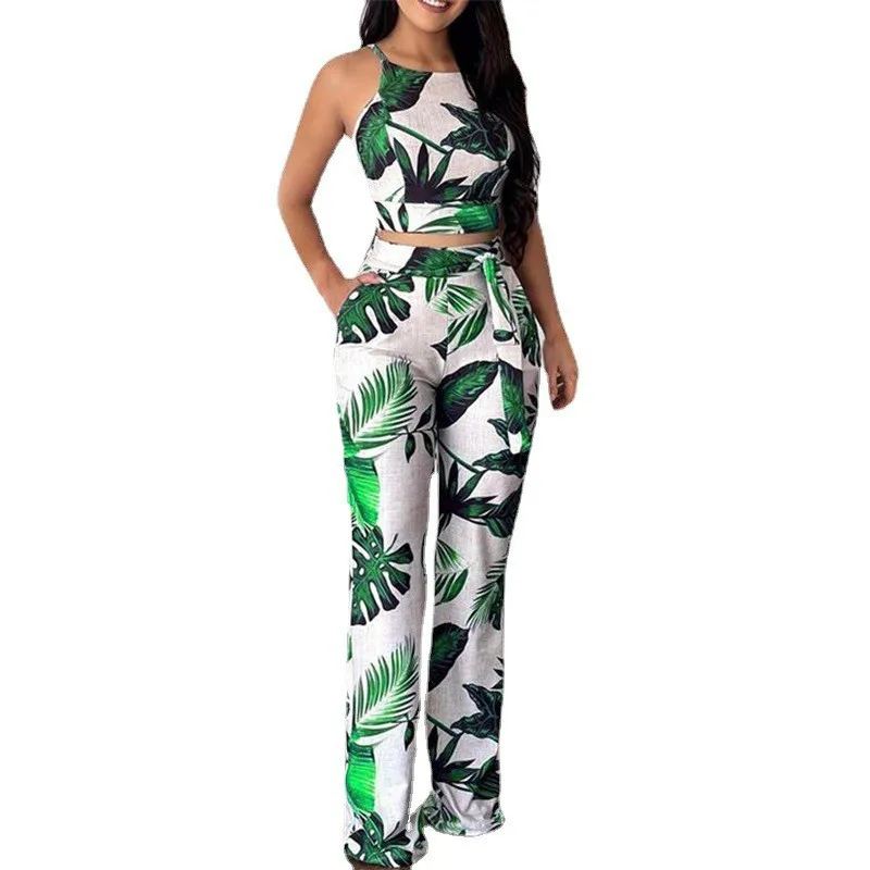 

2024 Summer New Style Casual Suit V-neck Vest Suit High Waist Wide Leg Pants Tie Dye Two Piece Suit