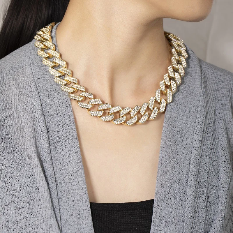 

KN9A Luxury Alloy Cubic Zirconia 18K Gold Plated Chunky Chocker Linked Chain Cuban Necklace