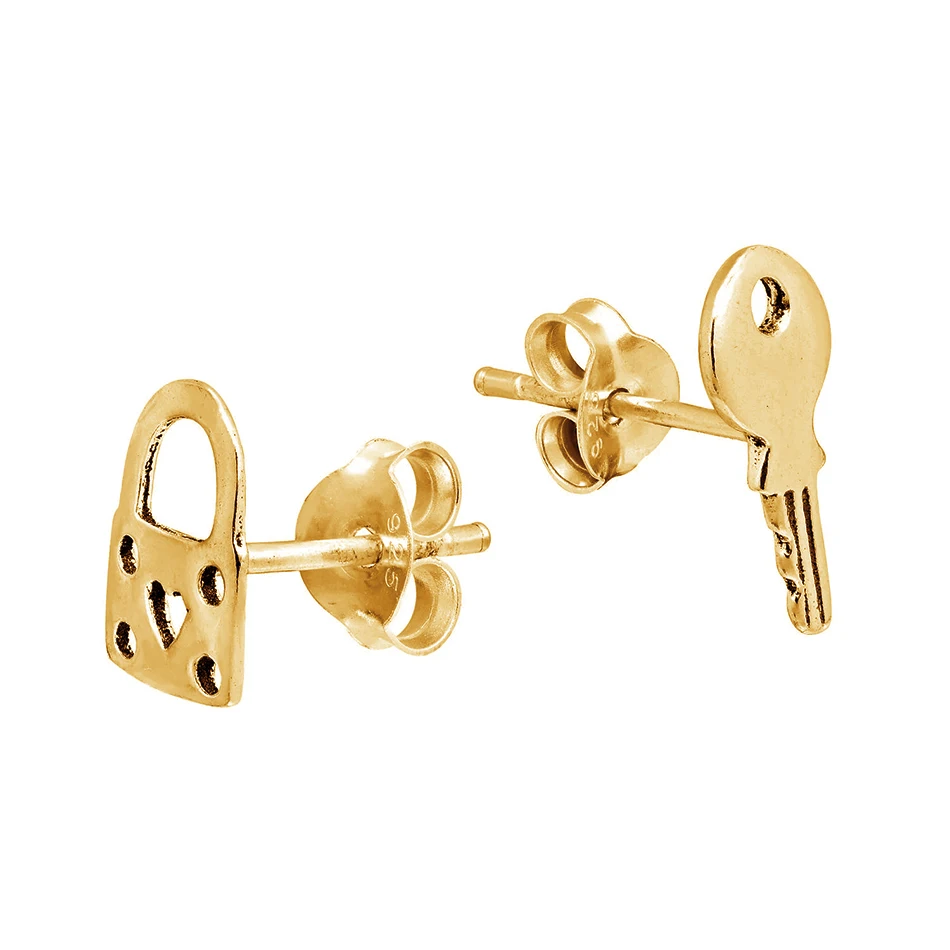 

wholesale fine jewelry 925 sterling silver earrings 18k gold plated key lock stud earrings for women