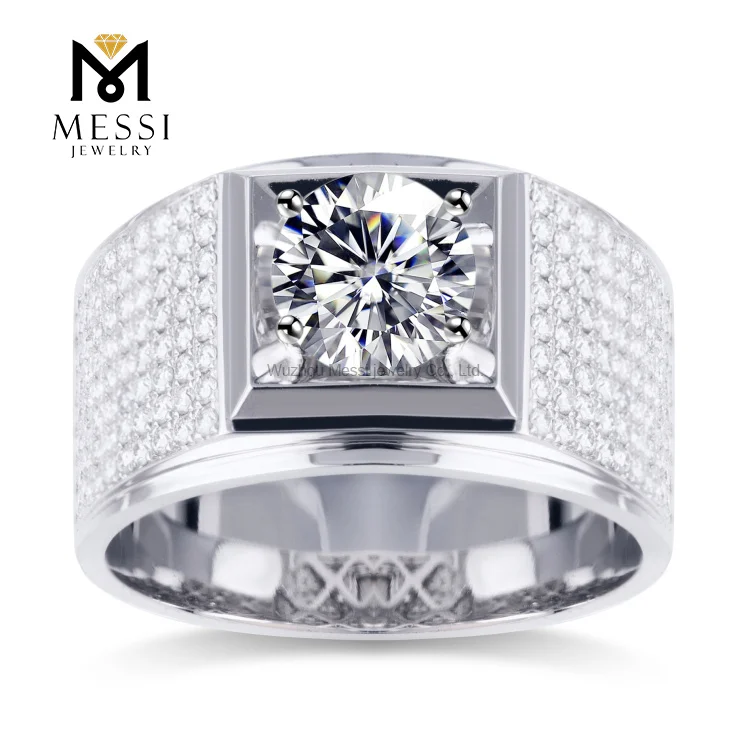 

Fashion 18k solid white gold diamond engagement wedding moissanite men ring