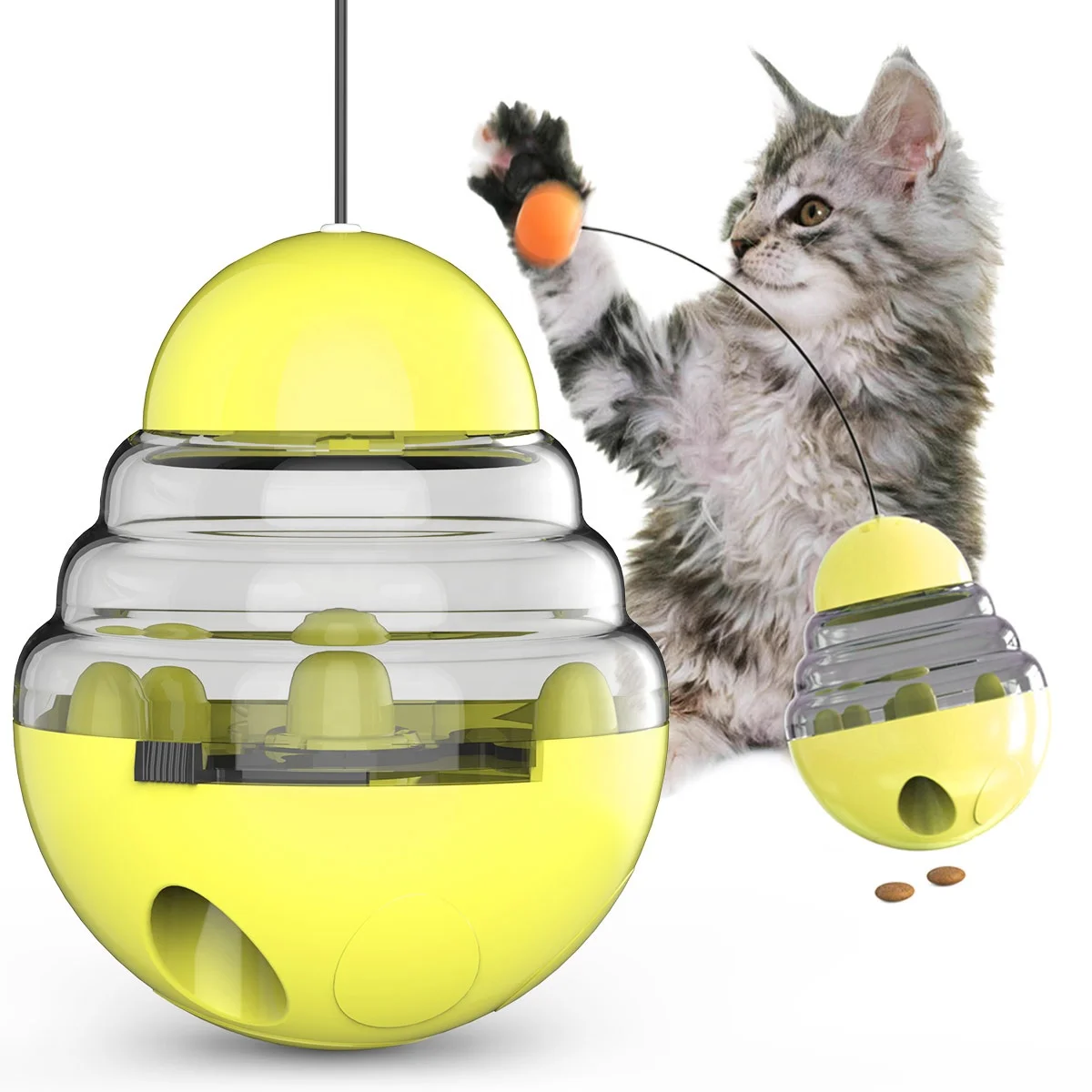 

Secure cat playing funny teaser wand food stuffed with leaking holes durable rebound tumbler cat toys stick interactive ball, Blue yellow green rosy