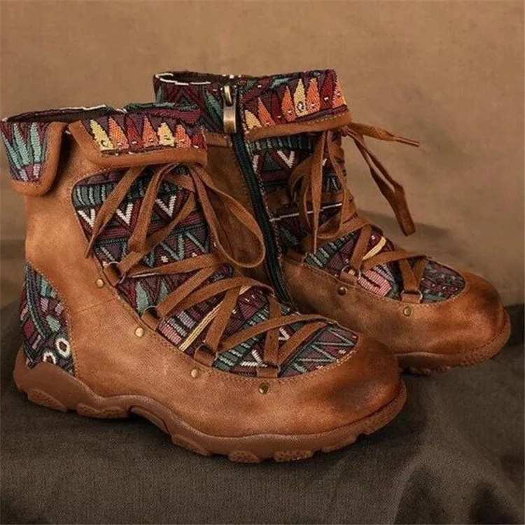 

High Quality 2021 Latest Trend Large Size Flat Short Bohemian Lace-Up Boots Wholesale, Picture