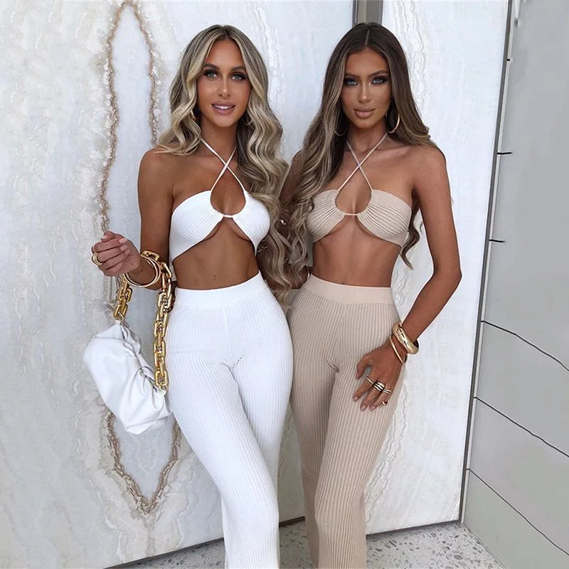 

Women Casual Crop Top 2 Piece Set Tube Top Halter High Waist Ribbed Trousers Women Two Piece Pants Set