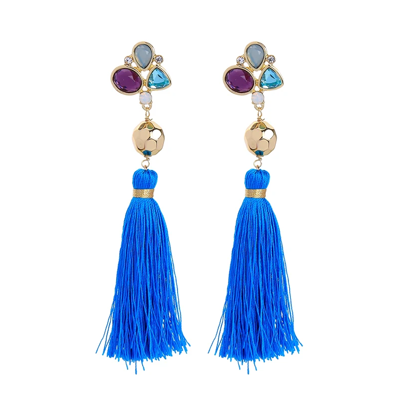 

ed01615c Boho Style Elegant Ladies Fashion Acetate Resin Gemstone Jewelry Long Blue Cotton Thread Tassel Statement Earrings, Gold