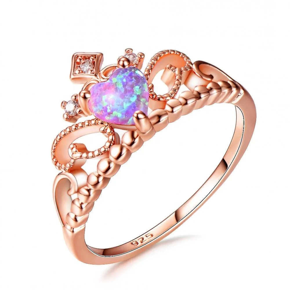 

Ring rose gold European style heart shaped 925 sterling silver opal ring crown ring