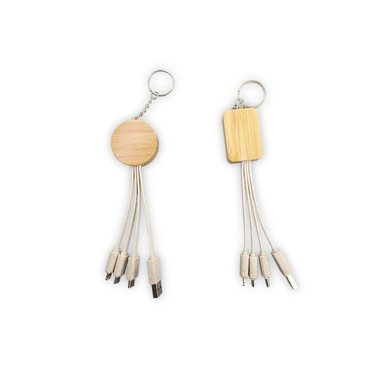 

BSCI factory Eco-friendly wood Bamboo 4 in 1 charging cable wheat straw data cord for corporate gift