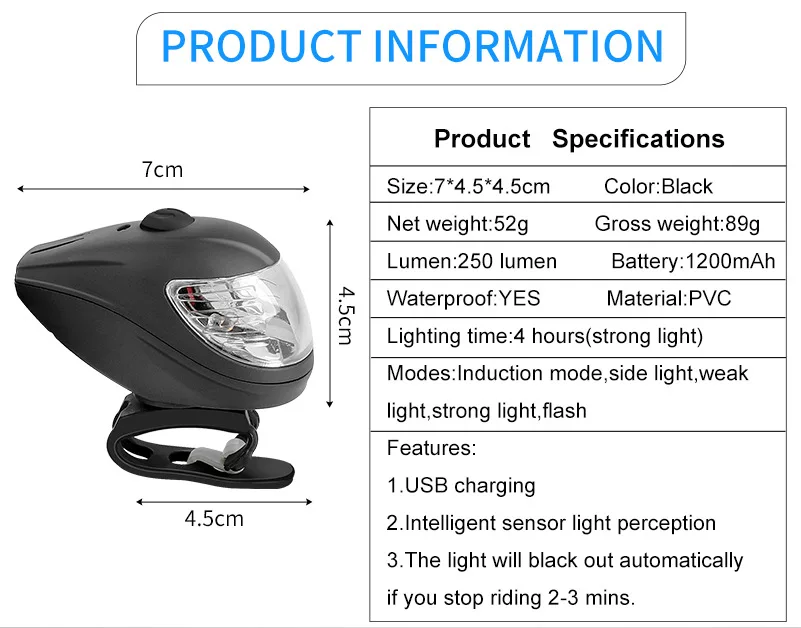 New 5 modes Waterproof Intelligent Induction USB Rechargeable bicycle accessories sensor light factory