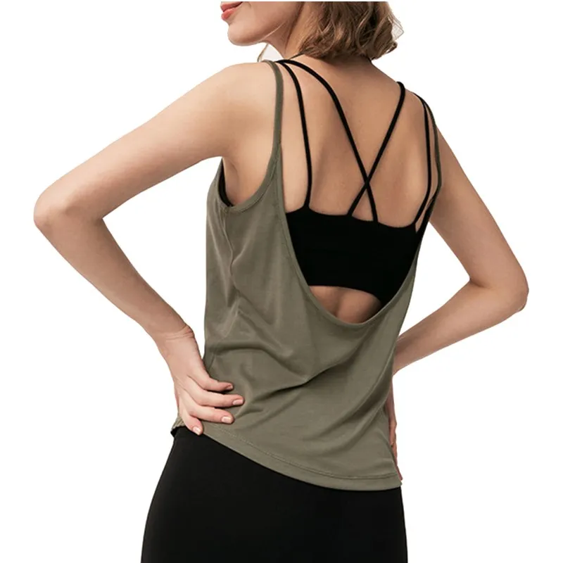 

Wholesale Workout Tank Tops Built in Bra Women's Strappy Athletic Yoga Tops Exercise Running Gym Shirts
