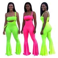 

Neon 2 Piece Set Women Jumpsuit Tube Top Bell Bottom Pants Two Piece Set Women Clothing 2 Piece Outfits