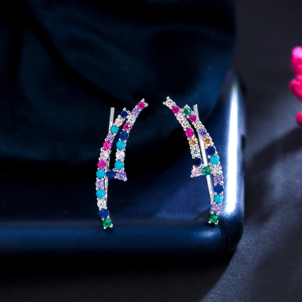 Symmetrical Colorful Rainbow Cubic Zirconia Wrap Clip Stud Cuff Ear Climber Earrings for Women Dainty Party Jewelry Accessories