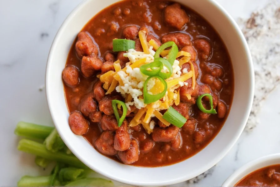 Colorado chili served in bowl with white cheddar and green onions