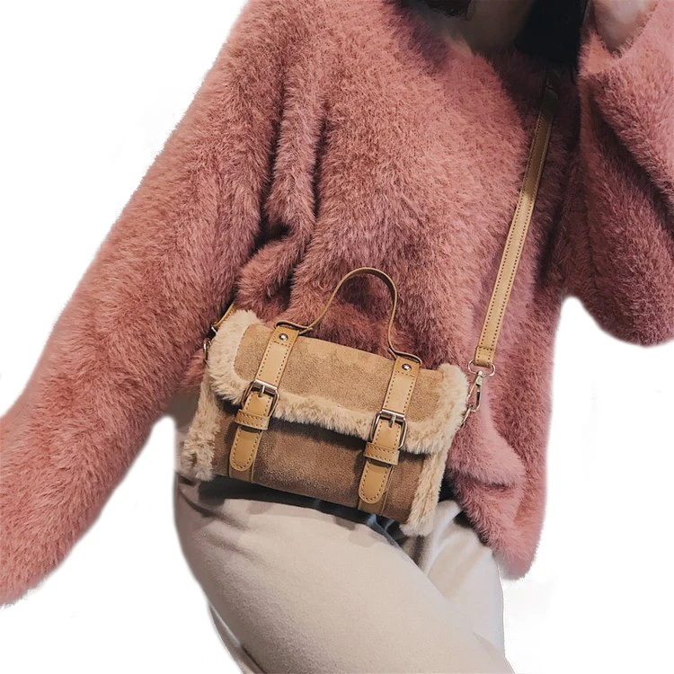 

Jtfur wholesale faux rabbit fur leather shearling plush fashion camel fur rabbit side purse bucket shoulder bag for ladies, Customized color