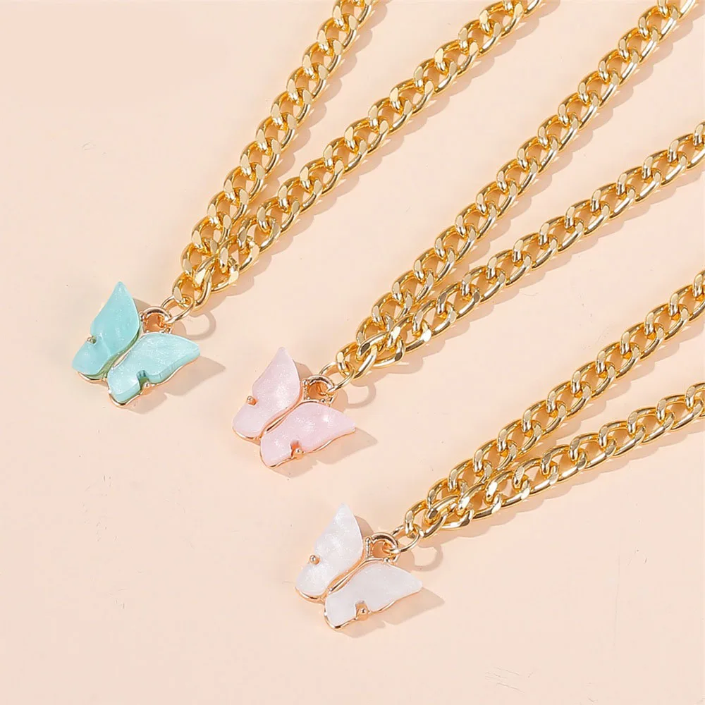 

18K Gold Plated Hips Hops Chunky Chain Butterfly Charm Necklace Summer Acrylic Butterfly Necklace For Club