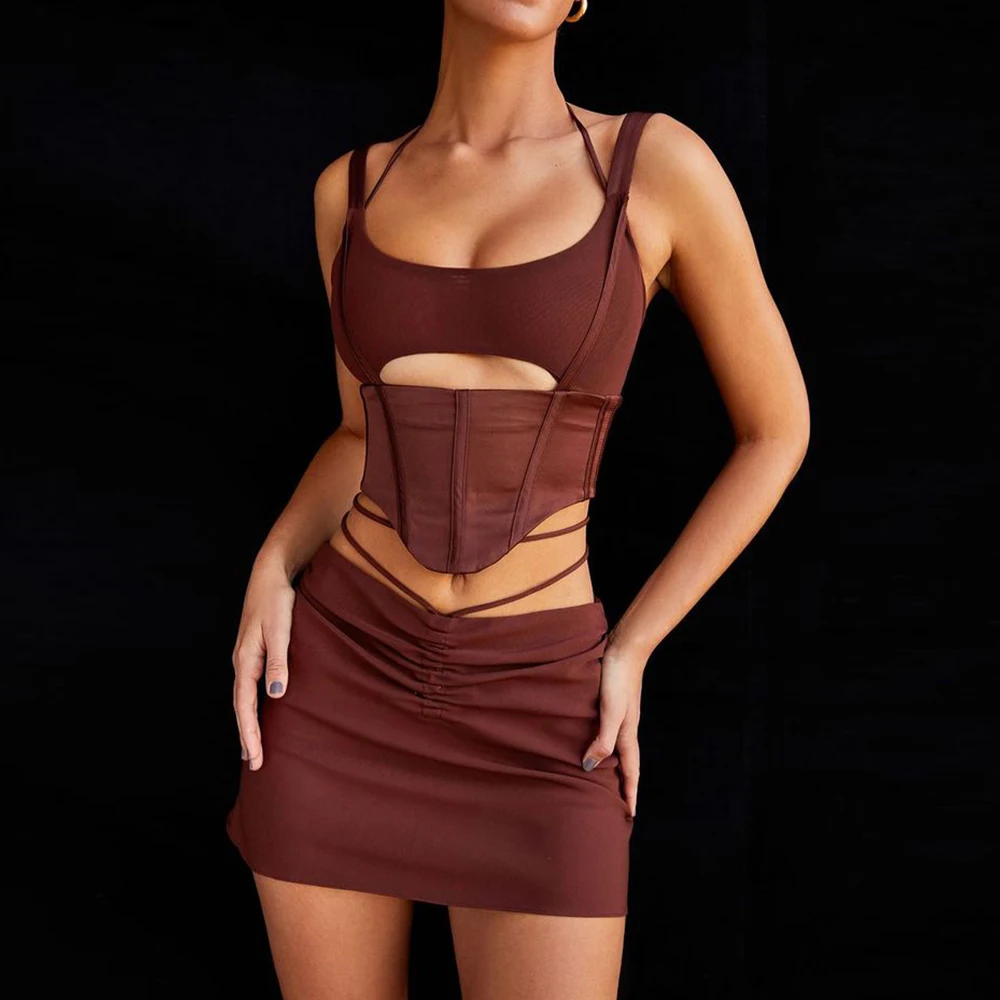 

6544 Sexy Women Summer Dress Bandage Sleeveless Evening Party Club Two Piece Short Sets Mini Dress 2022 Fashion Women Clothes