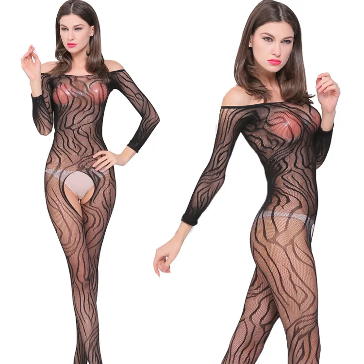 

FNY-0174 Speckle Conjoined Stockings Hollow Out Open Fork Long Sleeves Bodysuit Transparent One Piece Lingerie