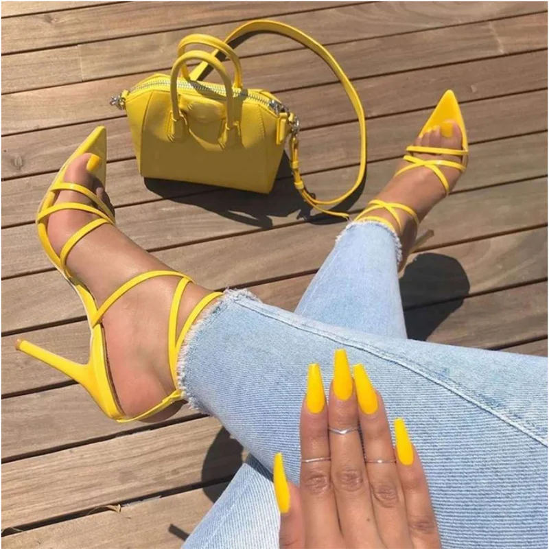 

Popular Open Pointed Toe Ankle Strap with Buckle Fish Mouth Stiletto High Heels Large Size  Summer Sandals Women Shoes, Black yellow red