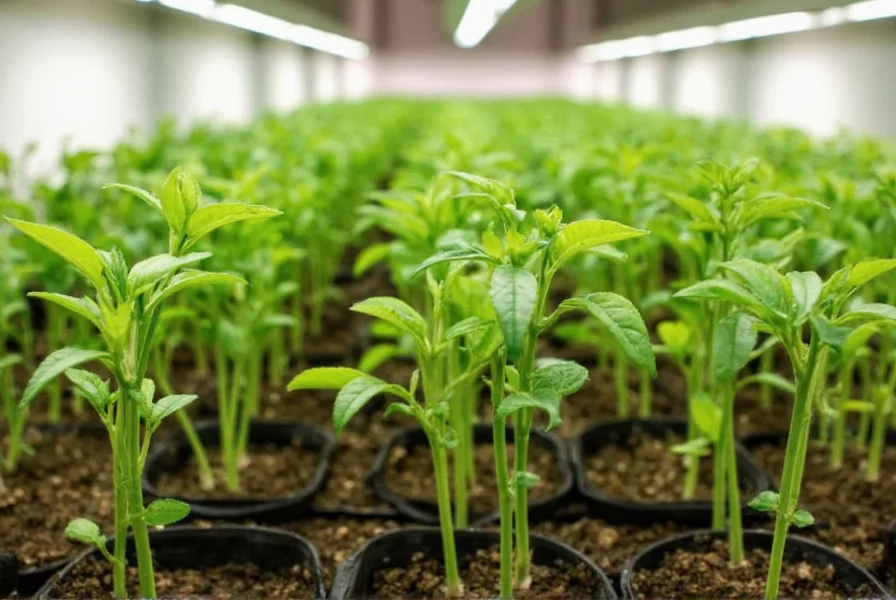 Healthy bell pepper seedlings with proper spacing under grow lights showing second set of true leaves