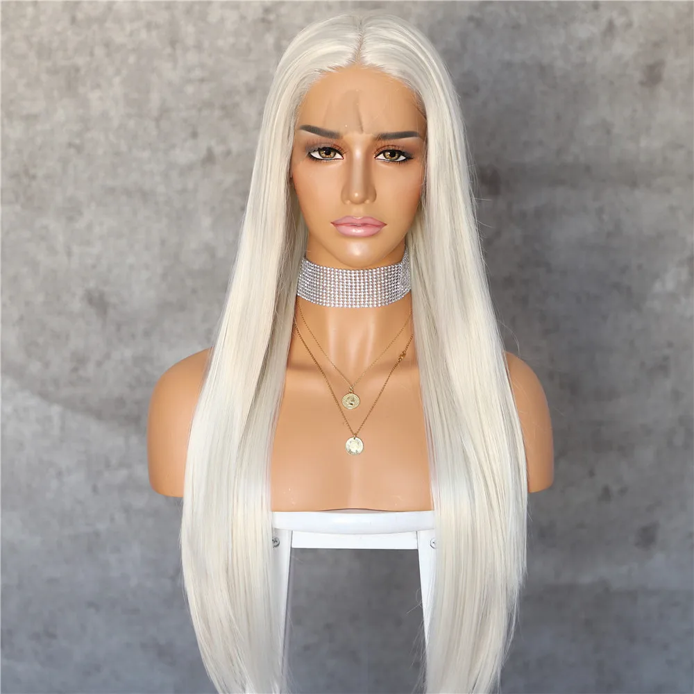 

BeautyTown Long White Blonde Silky Straight Straight Cosplay Celebrity Girl Wedding Party Synthetic Lace Front Wigs
