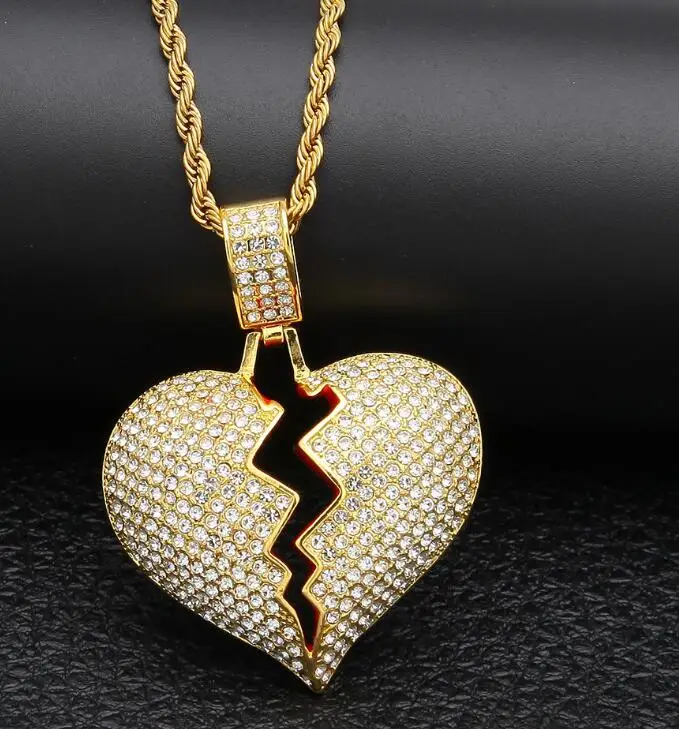 

Karopel Broken Heart Necklace Pendant 24" Stainless Steel Rope Chain Golden Bling Cubic Men's Hip hop Jewelry For Gift, Gold,silver,black
