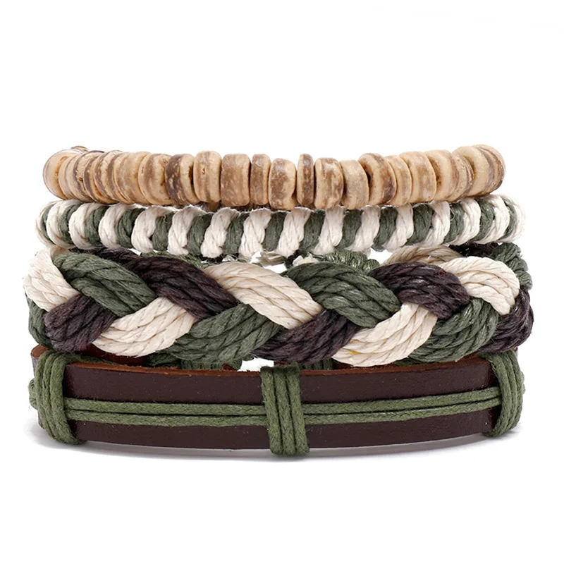 

Vintage Leather Bracelet Set For Men Wood Multilayer Beaded Wrap Rope Valentine's Day Gift Bracelets