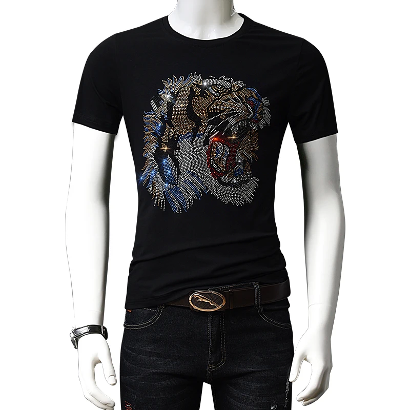 

Quality men's printing oversized tiger graphic rhinestone t-shirts