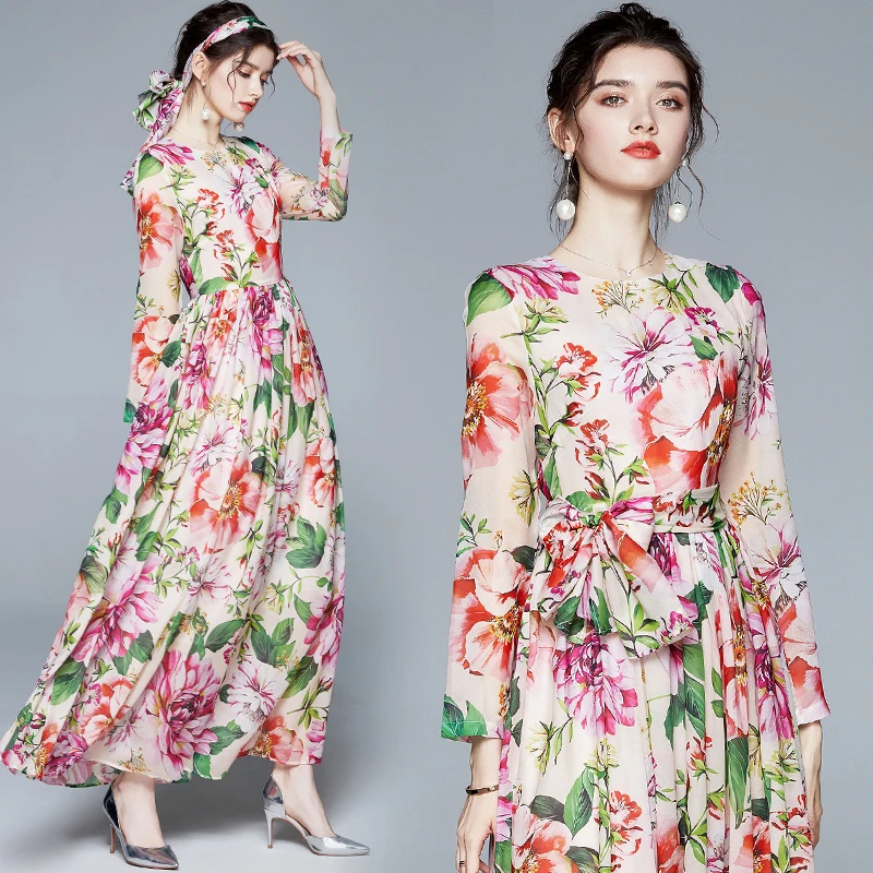 

women elegant pleated flower print swing maxi dresses Chiffon printed large hem dresses with silk scarf with lining, Pink
