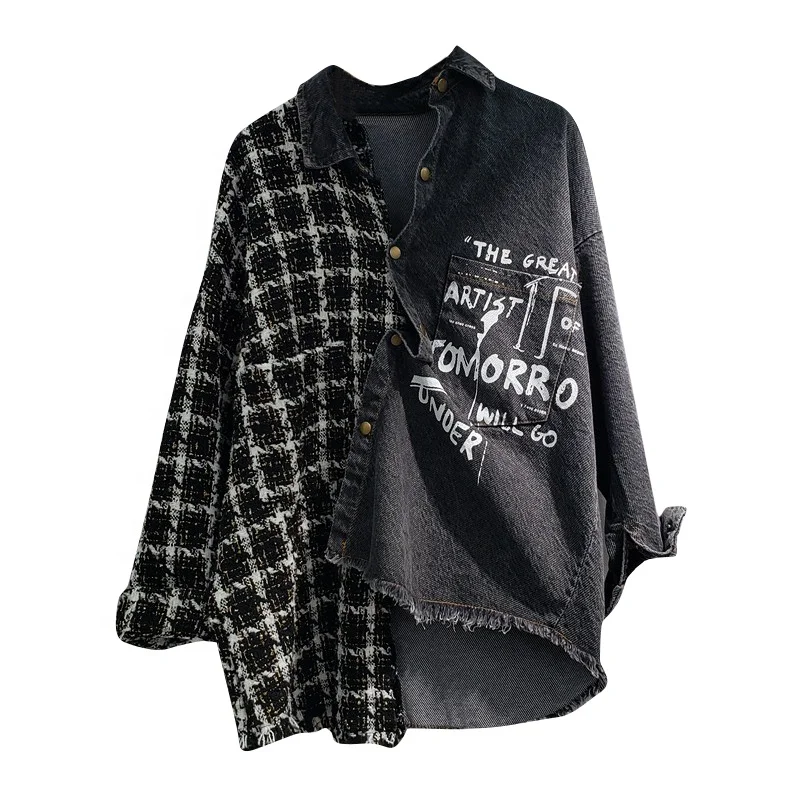 

TWOTWINSTYLE Lapel Long Sleeve Letter Print Patchwork Hit Color Casual Jackets For Women